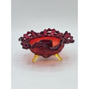 Fenton Amberina Glass Open Lace Three Footed Candlestick Holder